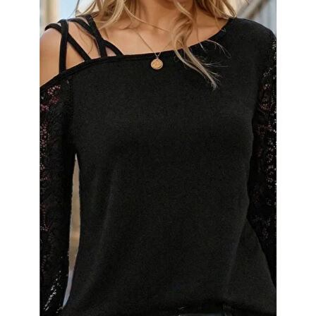 Lucky Life Kadın Uzun Kollu Tek Omuzu çapraz şerit Detaylı Viskon Iki Iplik Bluz