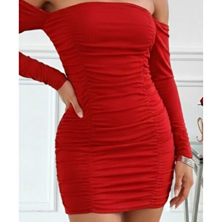 Lucky Life Kadın Uzun Kollu Omuzlardan Açık Takma Kollu Büzgülü Sandy Kısa Elbise