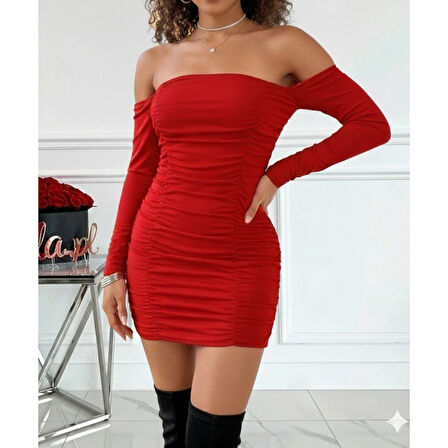 Lucky Life Kadın Uzun Kollu Omuzlardan Açık Takma Kollu Büzgülü Sandy Kısa Elbise