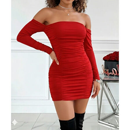 Lucky Life Kadın Uzun Kollu Omuzlardan Açık Takma Kollu Büzgülü Sandy Kısa Elbise