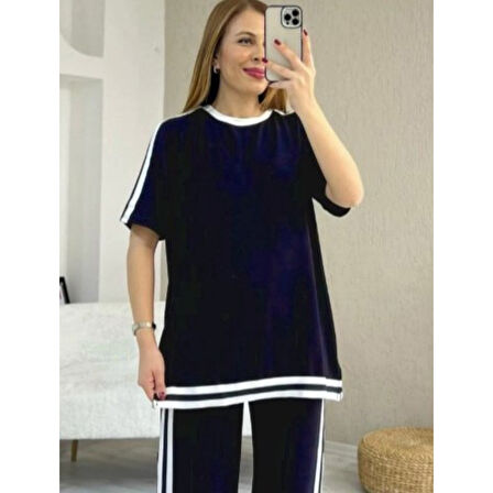 Lucky Life Kadın Kısa Kollu Bisiklet Yaka çift Renk şerit Detaylı Viskon Iki Iplik Bluz Ve Pantolon Ikili Takım