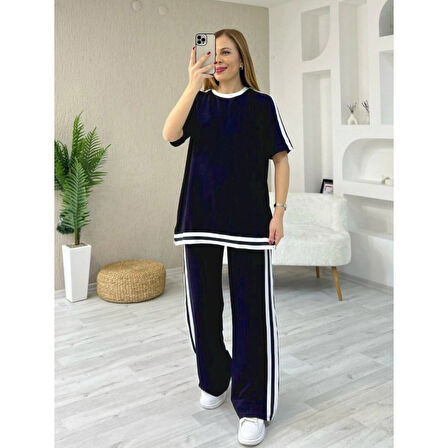 Lucky Life Kadın Kısa Kollu Bisiklet Yaka çift Renk şerit Detaylı Viskon Iki Iplik Bluz Ve Pantolon Ikili Takım