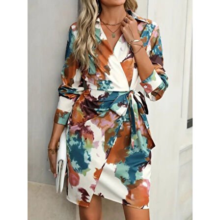 Lucky Life Kadın Uzun Kollu Yakalı Yandan Bağlamalı Mini Desenli Modal Elbise