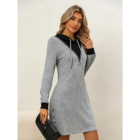 Lucky Life Kadın Uzun Kollu Kapşonlu önden Fermuarlı Düğmeli Mini Iki Iplik Elbise