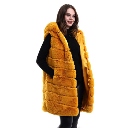 Lucky Life Kapşonlu Peluş Kürk Yelek Premium Kalite, Tam Astarlı, Uzun Model - Sarı