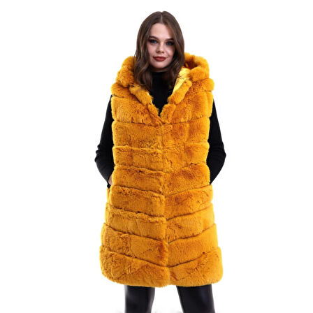 Lucky Life Kapşonlu Peluş Kürk Yelek Premium Kalite, Tam Astarlı, Uzun Model - Sarı