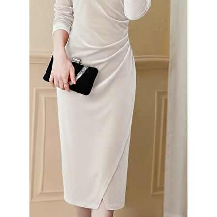 Lucky Life Kadın Uzun Kollu Kruvaze Yakalı Yandan Büzgülü önden çapraz Detaylı Midi Kadife Elbise