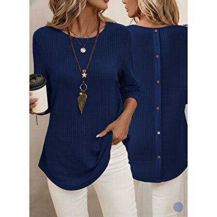 Lucky Life Kadın Uzun Kollu Yuvarlak Yaka Arkadan Düğmeli Waffle Bluz