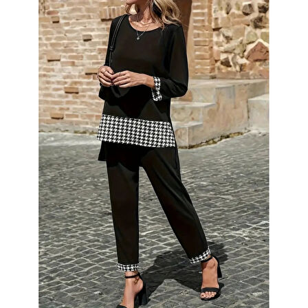 Lucky Life Kadın Uzun Kollu Yuvarlak Yakalı Kaz Ayağı Detaylı Viskon Iki Iplik Bluz Ve Pantolon Ikili Takım