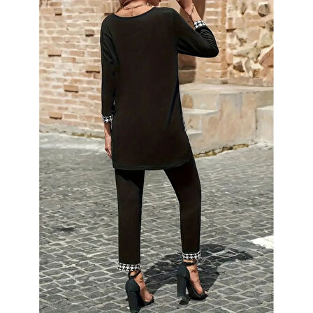 Lucky Life Kadın Uzun Kollu Yuvarlak Yakalı Kaz Ayağı Detaylı Viskon Iki Iplik Bluz Ve Pantolon Ikili Takım