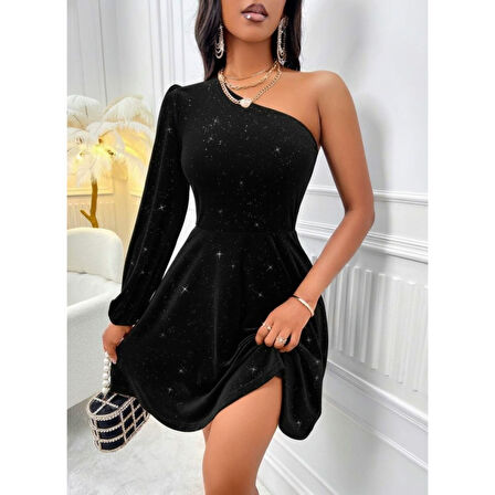 Lucky Life Kadın Tek Omuzdan Açık Uzun Kollu Taşlı Mini Elbise