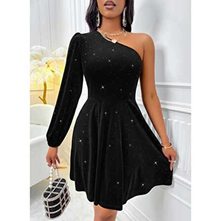 Lucky Life Kadın Tek Omuzdan Açık Uzun Kollu Taşlı Mini Elbise