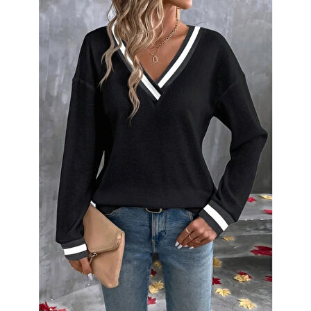 Lucky Life Kadın Uzun Kollu V Yakalı Waffle Bluz