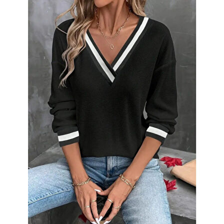 Lucky Life Kadın Uzun Kollu V Yakalı Waffle Bluz