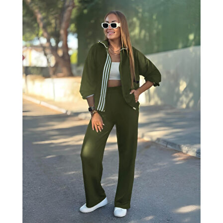 Lucky Life Kadın Uzun Kollu Kapşonlu Onu şerit Detaylı Fermuarlı Viskon Iki Iplik Bluz Ve Pantolon Ikili Takım