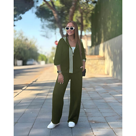 Lucky Life Kadın Uzun Kollu Kapşonlu Onu şerit Detaylı Fermuarlı Viskon Iki Iplik Bluz Ve Pantolon Ikili Takım