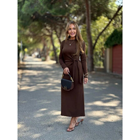 Lucky Life Kadın Uzun Kollu Bisiklet Yaka Yandan Bağlamalı Uzun Modal Elbise