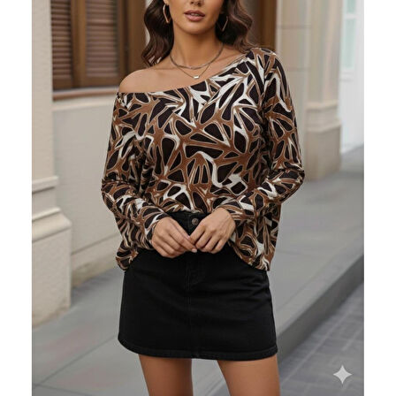 Lucky Life Kadın Uzun Kollu V Yaka Düşük Omuz Geometrik Desen şardonlu Dalgıç Bluz