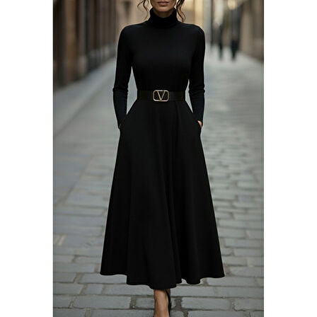 Lucky Life Kadın Uzun Kollu Balıkçı Yaka Uzun Akrilik Elbise