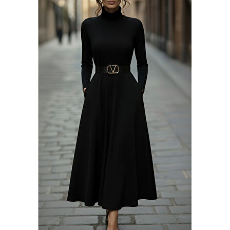 Lucky Life Kadın Uzun Kollu Balıkçı Yaka Uzun Akrilik Elbise