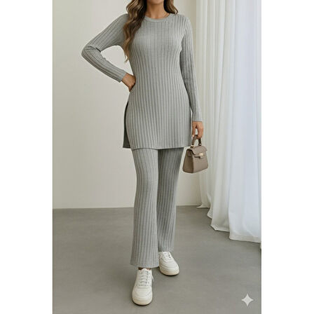 Lucky Life Lucky Life Kadın Uzun Kollu Yuvarlak Yaka Yandan Yırtmaç Detaylı şardonlu Kaşkorse Bluz Ve Pantolon Ikili Takım