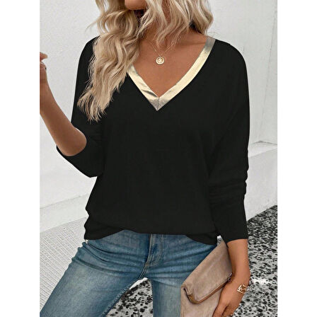 Lucky Life Kadın Uzun Kollu V Parlak Yaka Detaylı Viskon Bluz