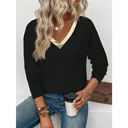 Lucky Life Kadın Uzun Kollu V Parlak Yaka Detaylı Viskon Bluz