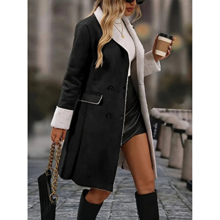 Lucky Life Kadın Uzun Kollu Yakalı Düğmeli Süet Mini Manto