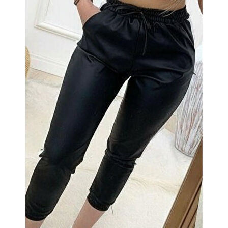 Lucky Life Kadın Yüksek Bel Lastikli Yan şerit Detaylı Deri Pantolon