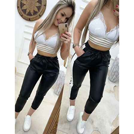 Lucky Life Kadın Yüksek Bel Lastikli Yan şerit Detaylı Deri Pantolon