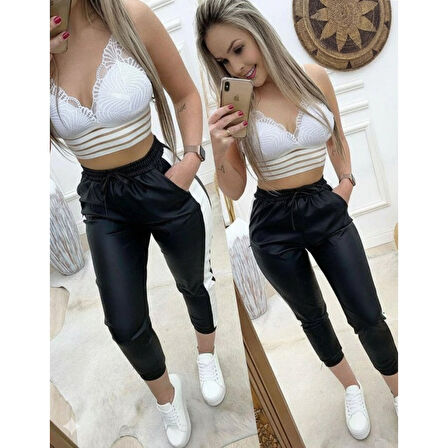 Lucky Life Kadın Yüksek Bel Lastikli Yan şerit Detaylı Deri Pantolon