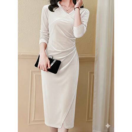 Lucky Life Kadın Uzun Kollu Kruvaze Yakalı Yandan Büzgülü önden çapraz Detaylı Midi Kadife Elbise