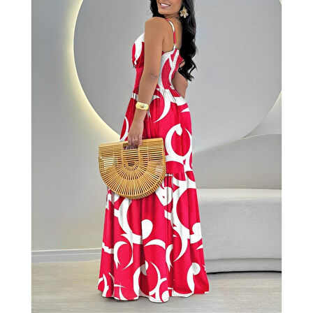 Lucky Life Kadın Ip Askılı Dekolteli Bağcıklı Yırtmaçlı Desenli Süprem Elbise