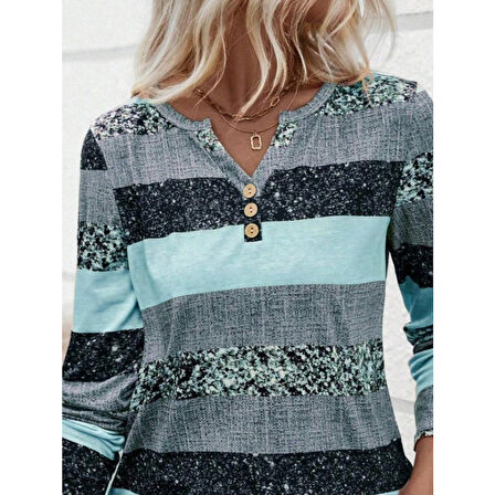 Lucky Life Kadın Uzun Kollu Yakadan Düğmeli çizgili Desenli Süprem Bluz