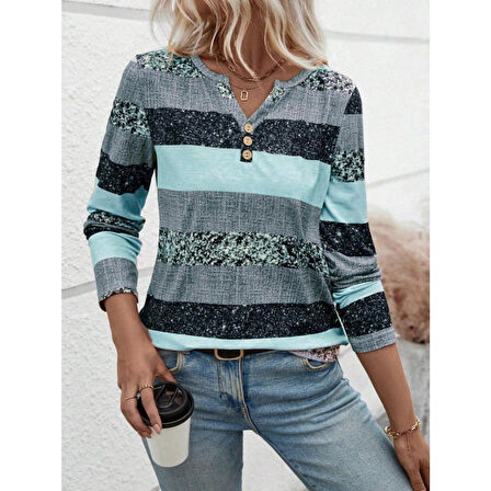 Lucky Life Kadın Uzun Kollu Yakadan Düğmeli çizgili Desenli Süprem Bluz