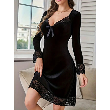 Lucky Life Kadın Uzun Kollu V Dantel Yakalı Mini Kadife Elbise