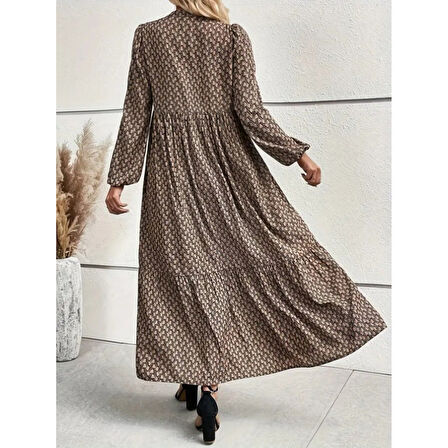 Lucky Life Kadın Uzun Kollu Hakim Yakalı Düğmeli Kemersiz Desenli Maxi Süprem Elbise