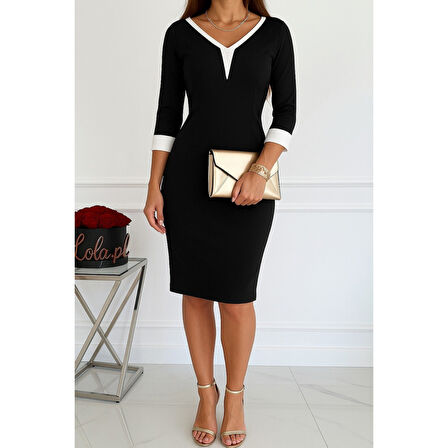 Lucky Life Kadın Truvakarkol V Yakalı Blok Renkli Kısa Janjan Krep Elbise