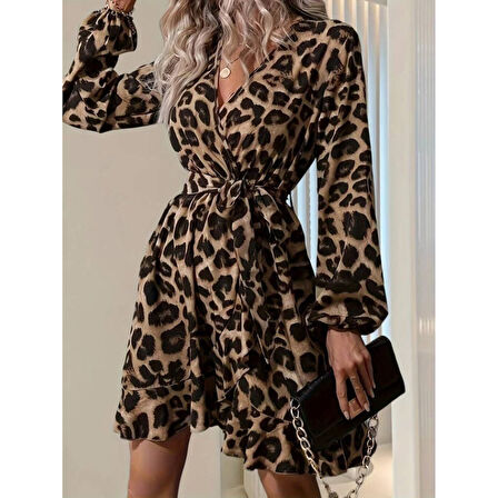 Lucky Life Kadın Uzun Kollu Kruvaze Yaka Belden Kuşaklı çapraz Kesim Detaylı Leopar Modal Mini Elbise