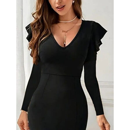 Lucky Life Kadın Uzun Kollu V Yakalı Yandan Yırtmaçlı Midi Ithal Krep Elbise