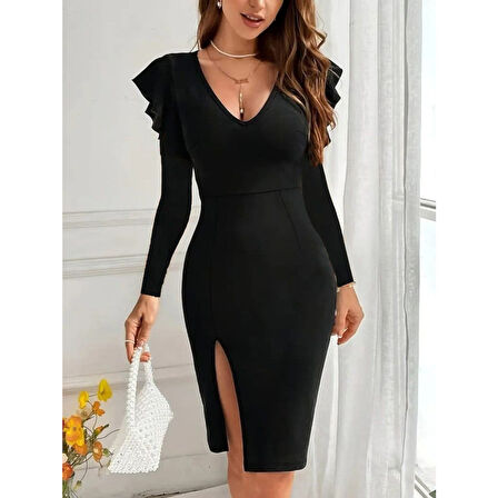 Lucky Life Kadın Uzun Kollu V Yakalı Yandan Yırtmaçlı Midi Ithal Krep Elbise