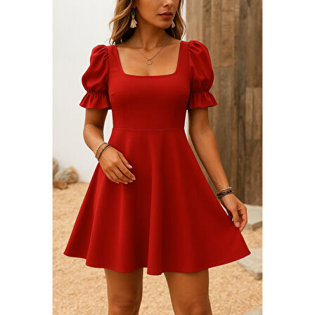 Lucky Life Kadın Kısa Kollu Kare Yakalı Kiloş Ithal Krep Elbise