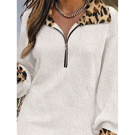 Lucky Life Kadın Uzun Kollu Yakalı önden Fermuarlı Leopar Detaylı Mini Peluş Elbise