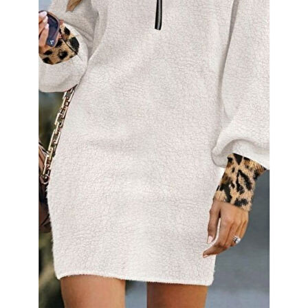 Lucky Life Kadın Uzun Kollu Yakalı önden Fermuarlı Leopar Detaylı Mini Peluş Elbise