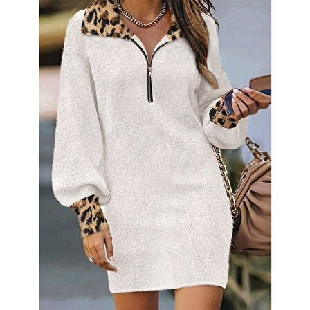 Lucky Life Kadın Uzun Kollu Yakalı önden Fermuarlı Leopar Detaylı Mini Peluş Elbise