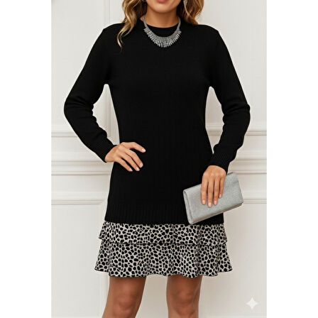 Lucky Life Kadın Uzun Kollu üst şardonlu Kaşkorse Alt Süprem Desenli Elbise