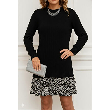 Lucky Life Kadın Uzun Kollu üst şardonlu Kaşkorse Alt Süprem Desenli Elbise