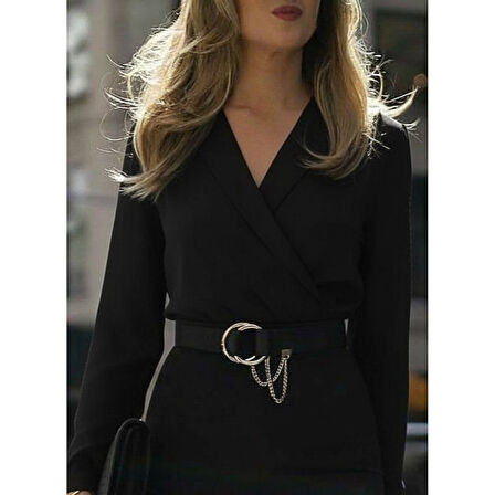 Lucky Life Kadın Uzun Kollu Kruvaze Yaka Janjan Krep Midi Elbise