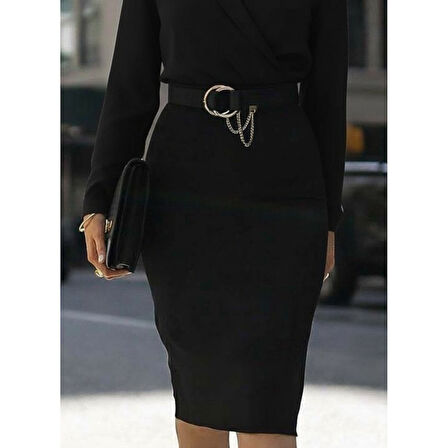 Lucky Life Kadın Uzun Kollu Kruvaze Yaka Janjan Krep Midi Elbise