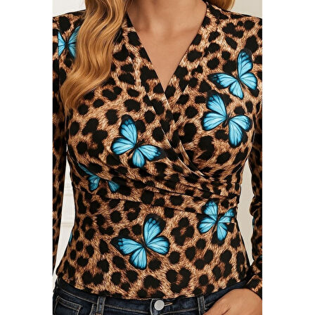Lucky Life Lucky Life Kadın Uzun Kollu Kruvaze Yakalı Kelebek Desenli şardonlu Dalgıç Bluz